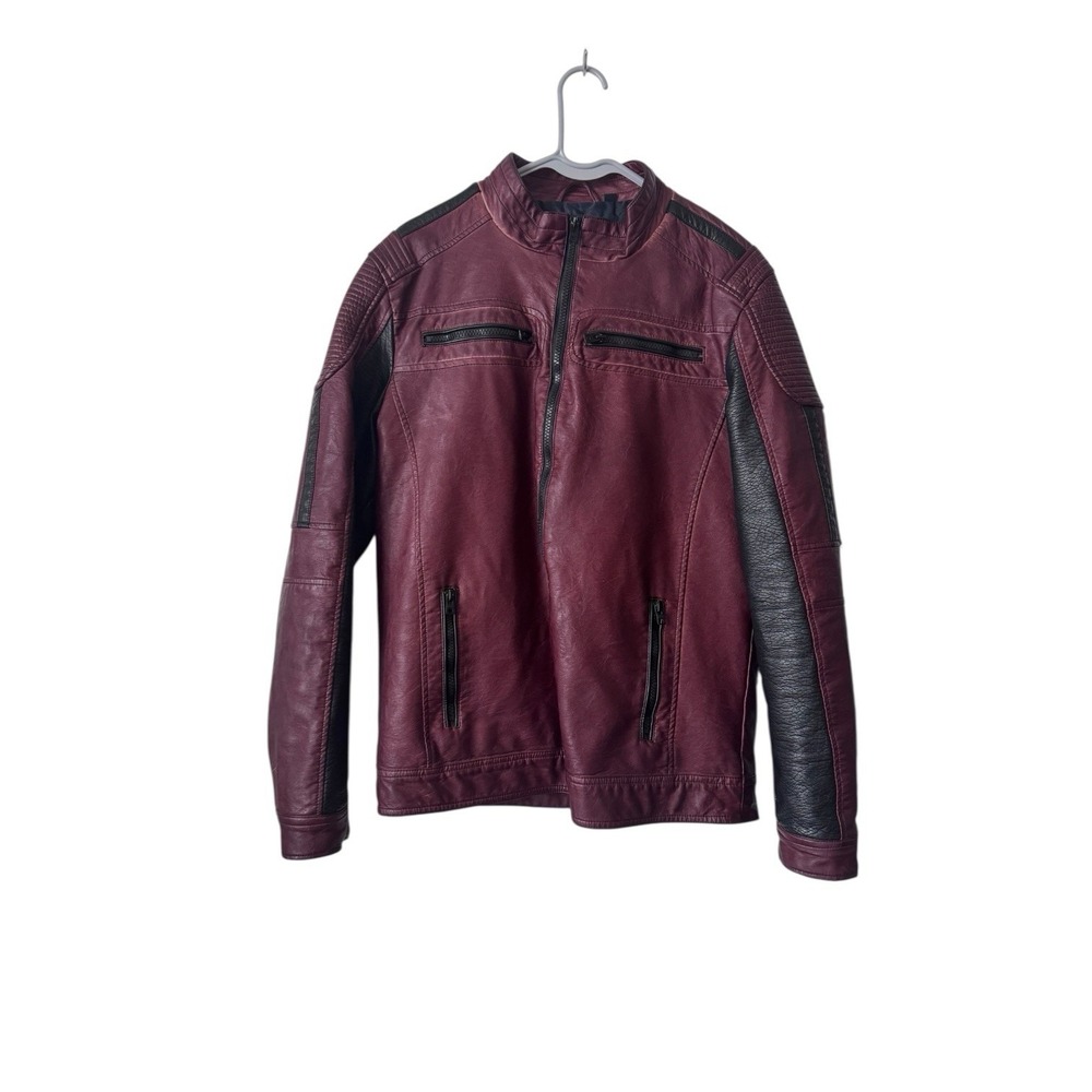 Buckle Black Mens Small Washed Faux‎ Leather Jacket Red/Black Padded Shoulder